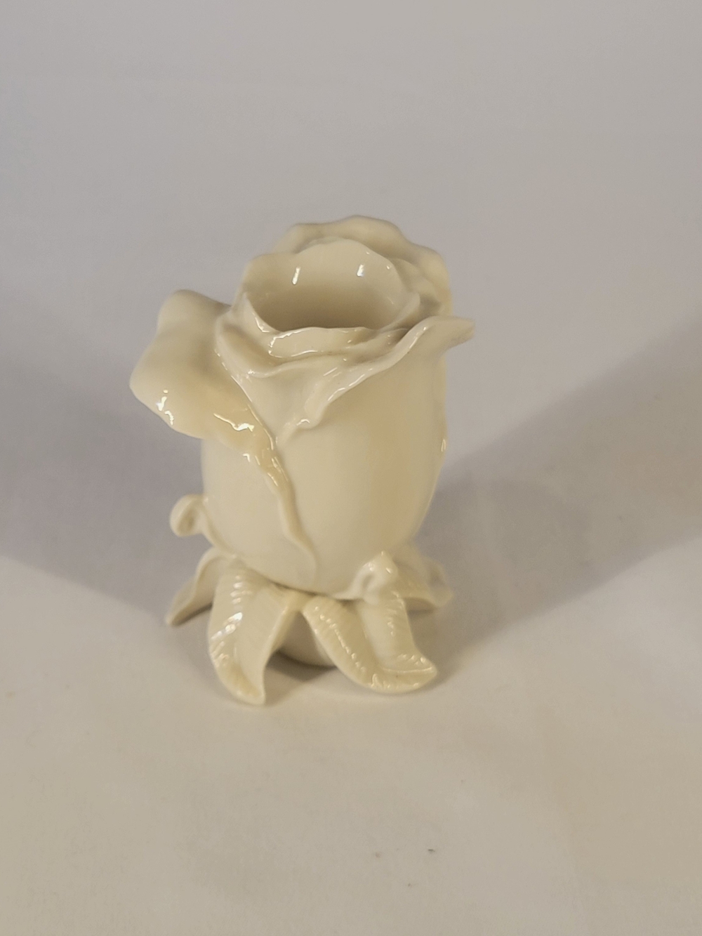 Vintage Lenox White Rose Bud Ceramic Candlestick 3" Ivory Glossy Candle Holder